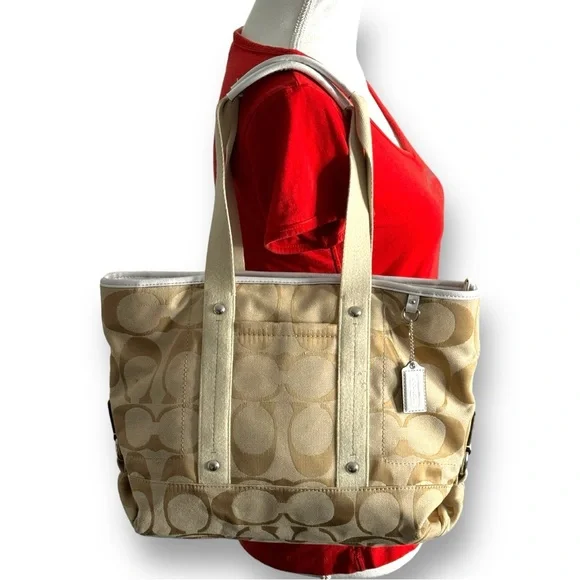 Coach Beige Signature Canvas Tote with Cream Trim - Picture 1 of 10